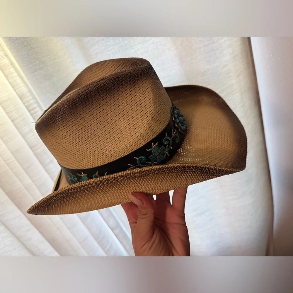 Milani Tan Cowboy Hat with Turquoise Accents - Picture 2 of 9